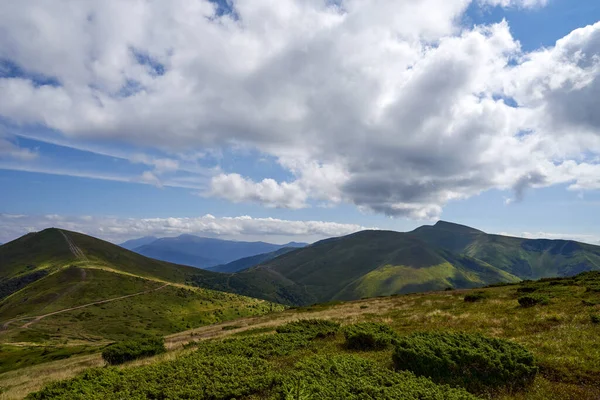 Güneşli yaz gününde resim gibi dağ manzarası, Karpatlar, Ukrayna. Ormanlık tepelerin ve mavi bulutlu gökyüzünün altındaki dağ yamaçlarının muhteşem manzarasının panoramik manzarası. Manzara kavramı.