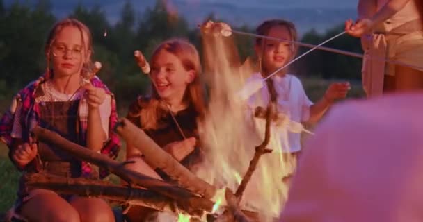 모닥불 근처에 소녀들 야영지에서 저녁에 이보입니다 소녀는 불에서구운 요리를 먹으면서 — 비디오