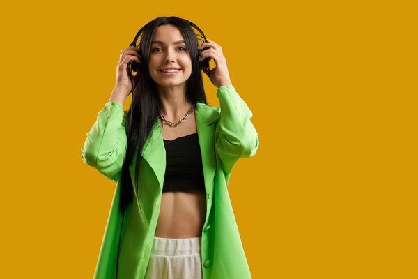 Cheerful Girl Green Blazer Wearing Headphones Listen Music Studio Portrait Royalty Free Stock Images