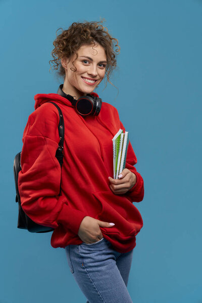 Pretty Girl Backpack Holding Notebooks Smiling Portrait View Female Student Stock Image