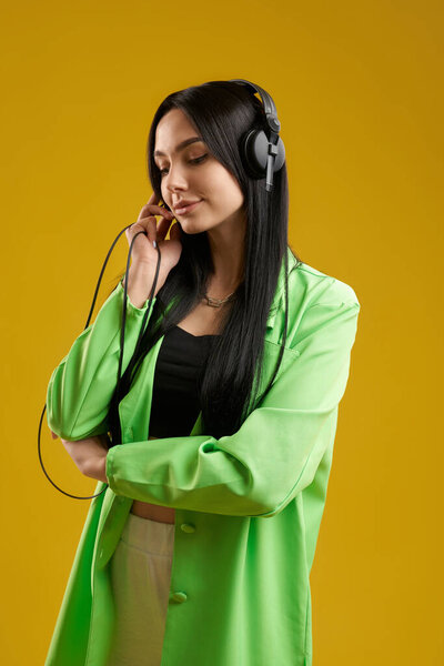 Charming Long Haired Girl Wearing Trendy Jacket Listening Music Studio Royalty Free Stock Photos