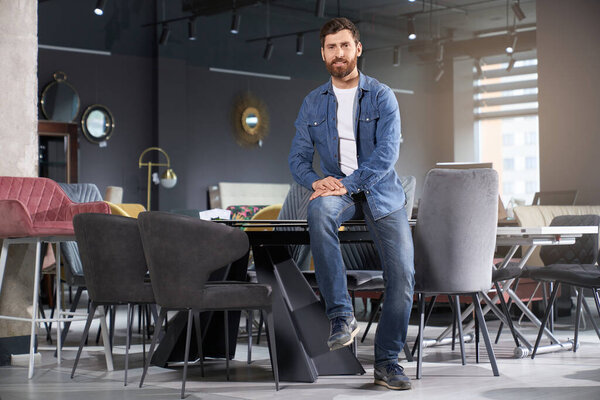 Front View Seller Customer Sitting Table Furniture Store Young Handsome Stock Photo