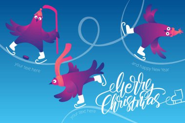 Komik güvercinli parlak Xmas web pankartı. Elle yazılmış Mutlu Noeller mektupları. Komik karakterler patenli güvercinler. Güvercinler buz pistinde kayıyorlar. Tatil vektör çizimi. Bayram bayrağı.