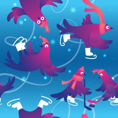 Kış kusursuz desen. Komik güvercinlerle kusursuz bir Noel geçmişi var. Komik karakterler patenli güvercinler. Güvercinler buz pistinde kayıyorlar. Tatil vektör çizimi. Neşeli arkaplan.