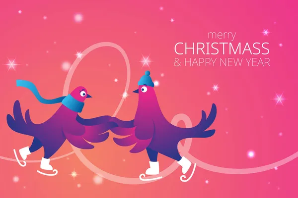 Komik Güvercinli Parlak Xmas Yatay Web Afişi Mutlu Noeller Diye Stok Vektör