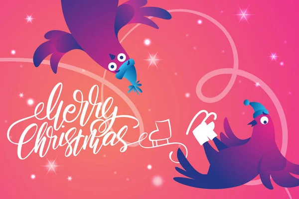 Komik Güvercinli Parlak Xmas Web Pankartı Elle Yazılmış Mutlu Noeller Telifsiz Stok Illüstrasyonlar