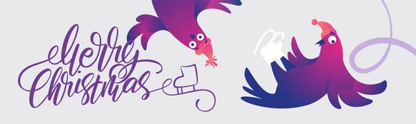 Komik Güvercinli Parlak Xmas Web Pankartı Elle Yazılmış Mutlu Noeller Telifsiz Stok Vektörler