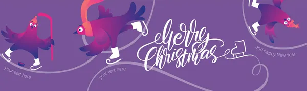 明亮的圣诞网页横幅与有趣的鸽子 手写书信祝你圣诞快乐 滑板上有有趣的人物 鸽子在溜冰场上滑冰 假日矢量图解 喜庆横幅 — 图库矢量图片