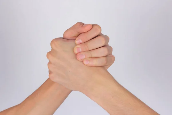 Forte Aperto Mão Masculino Com Mãos Nuas Fundo Branco — Fotografia de Stock