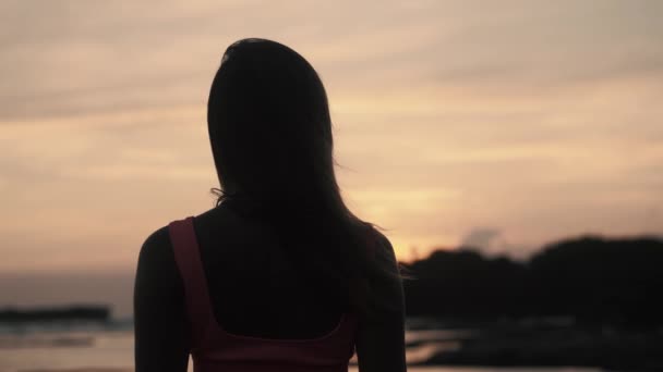 Vista posteriore della giovane donna che guarda il tramonto sulla spiaggia. — Video Stock