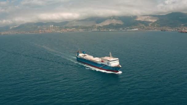 Kuru kargo gemisi ve kıyı manzaralarından oluşan hava manzarası. — Stok video