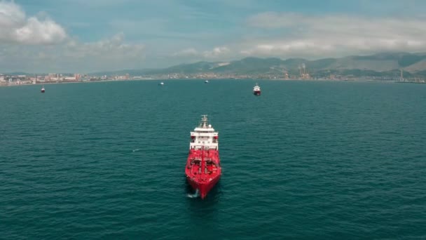 Luchtopname van de haven met verankerd vrachtcontainerschip — Stockvideo