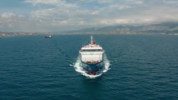 海上に貨物を運ぶために港を出発する石油タンカーのドローンショット — ストック動画