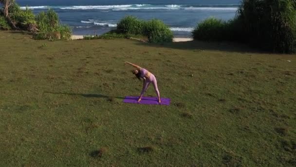 Wanita melakukan olahraga di pantai, pemandangan pemandangan udara — Stok Video