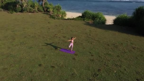Pandangan Udara Dari Seorang Wanita Melakukan Latihan Luar Ruangan Dia — Stok Video