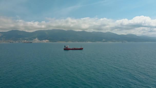 Aerial Panorama Quiet Blue Sea Empty Container Carrying Ship Cargo — Stock Video