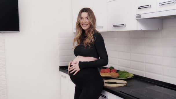 妊娠中の女性を優しく撫でて彼女の愛を表現する キッチンで魅力的な期待の母親の家の肖像画 健康で幸せな妊娠 — ストック動画