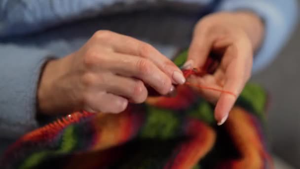 女性の手編み針とウールの色のセーターを編んだ トップビュー 手と編み物のクローズアップ — ストック動画