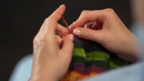 Las Manos Las Mujeres Tejen Suéter Lana Color Con Agujas — Vídeo de stock