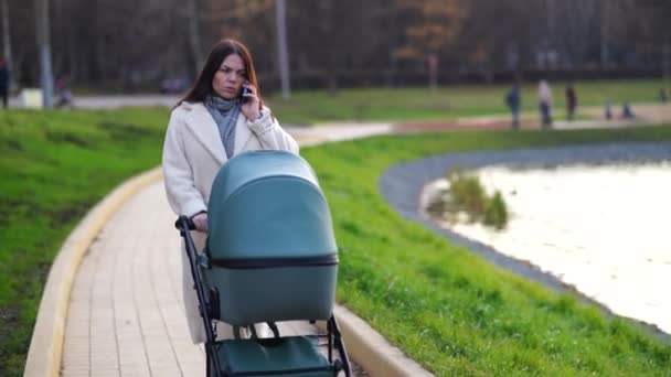 Moeder met kinderwagen op wandeling in het park door vijver — Stockvideo