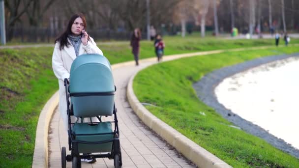 Madre con cochecito de bebé en el paseo por el parque junto al estanque — Vídeo de stock
