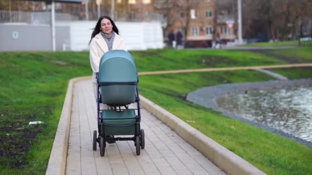 Mor med barnvagn på promenad i parken vid dammen — Stockvideo