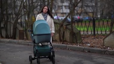 Anne ve bebek arabası sonbaharda parkta yürüyüşe çıkmış.