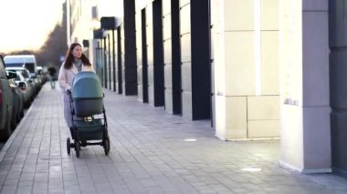 Bebek arabasıyla gezen genç bir anne.