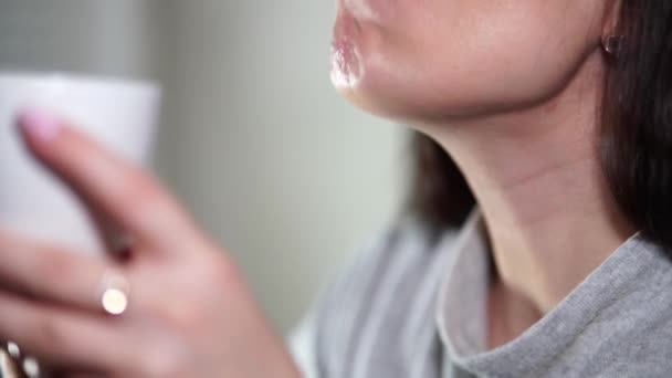 Young Woman Drinking Coffee Tea Turkish Delight Close Shooting — Stock Video