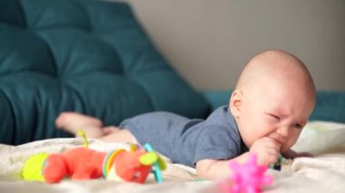 5 aylık aktif bebek oyuncaklara dokunuyor. Bebek bebek kanepede uzanmış oyuncaklarla oynuyor..