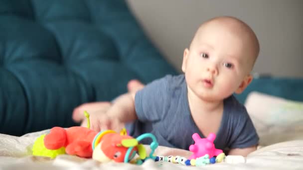 5ヶ月活動中の赤ちゃんのおもちゃに触れる 幼児男の子遊びますおもちゃを開発します上に横たわるソファ — ストック動画