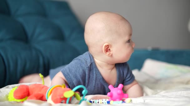 5个月大的活动婴儿摸玩具 幼儿躺在沙发上玩正在发育的玩具 — 图库视频影像
