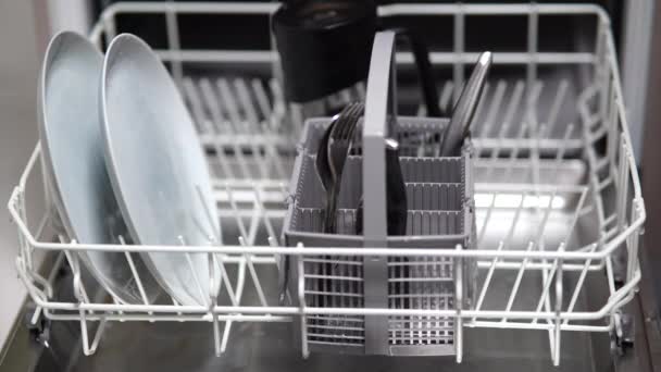 Fille Met Des Tasses Assiettes Couverts Dans Lave Vaisselle — Video