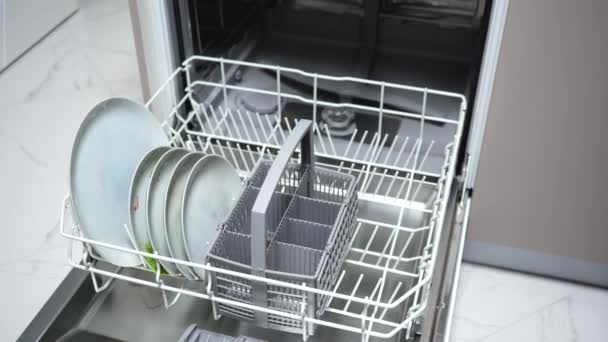 Girl Puts Mugs Plates Cutlery Dishwasher — Stock Video