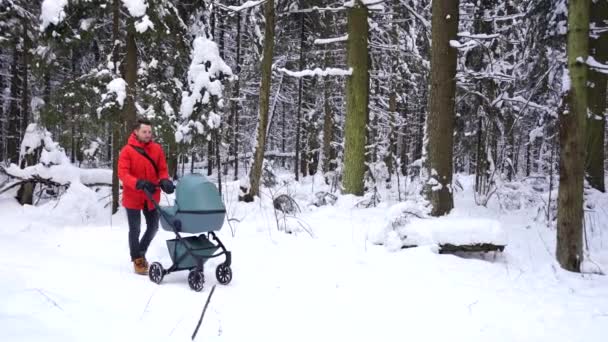 Tata Wózkiem Dziecięcym Spacerze Dzieckiem Zimowym Lesie — Wideo stockowe