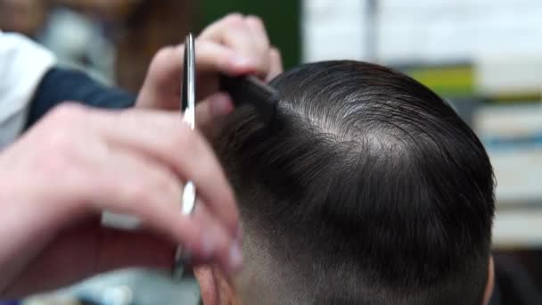 Zamknij fryzjera stylizacji klienta włosów w salonie fryzjerskim. Cięcie włosów u fryzjera. — Wideo stockowe