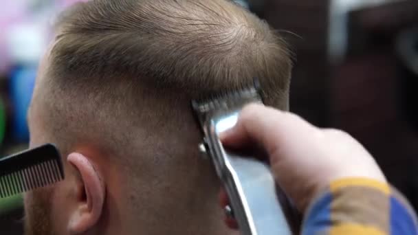 Primer Peluquero Peinado Cliente Pelo Barbería Corte Pelo Peluquería — Vídeo de stock