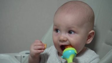 Çocuk beslemek için Nibbler sandalyesinde bebek maması. 7 aylık güzel bebek yaşını kapat ve kemirgen kullanarak meyve ye..