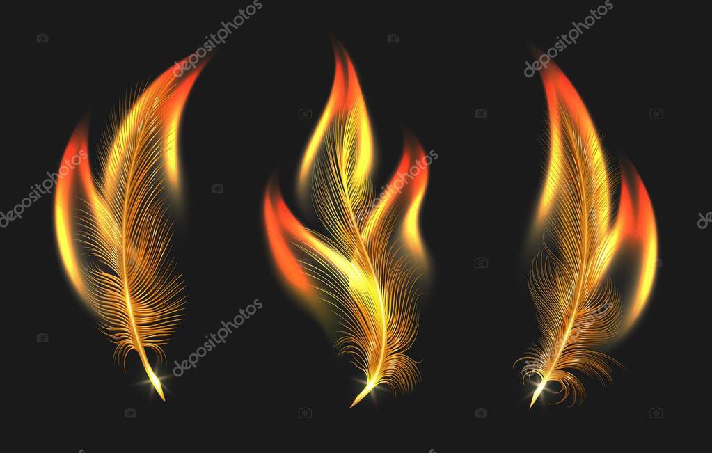 Burning feathers. Fire phoenix feather set isolated on black background, soft flame angels plumage drawings elements vector illustration