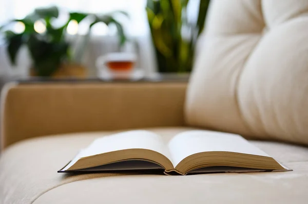 An open book on a light sofa in the room. Selective focus on the binding of a book, narrow focus.