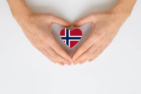 ノルウェーの国旗を女性の手に持っている 愛国心 尊敬とノルウェーの市民との連帯の概念 — ストック写真
