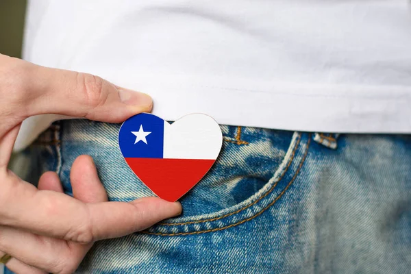 Wooden Badge Chile Flag Shape Heart Man Hand — Photo