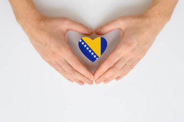The national flag of Bosnia and Herzegovina in female hands. View from above