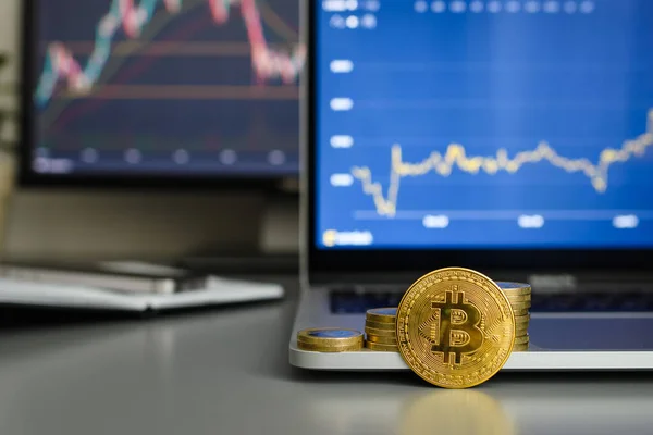 Bitcoin income growth concept. Bitcoin coin against the background of growing income graphs on monitors. Selective focus on bitcoin.