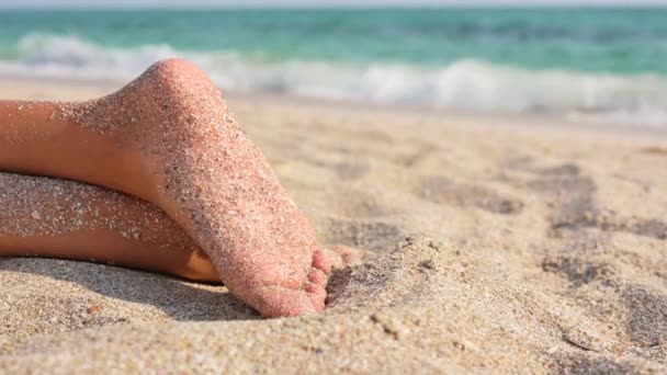 Närbild Ben Med Vidhäftad Sand Mot Bakgrund Havsvågor — Stockvideo