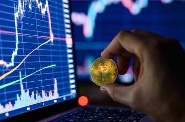 Monitörlerdeki mali tabloların yanında Bitcoin para duruyor. Bitcoin üzerine seçmeli odak.