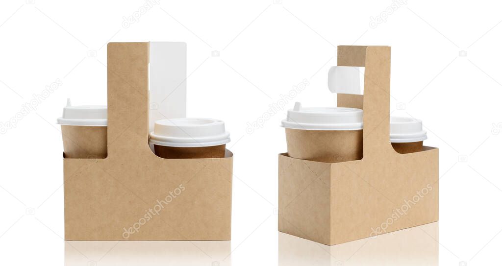 Paper cups for drinks in a cardboard box with a handle. Box for food delivery. Two angles, isolated object.