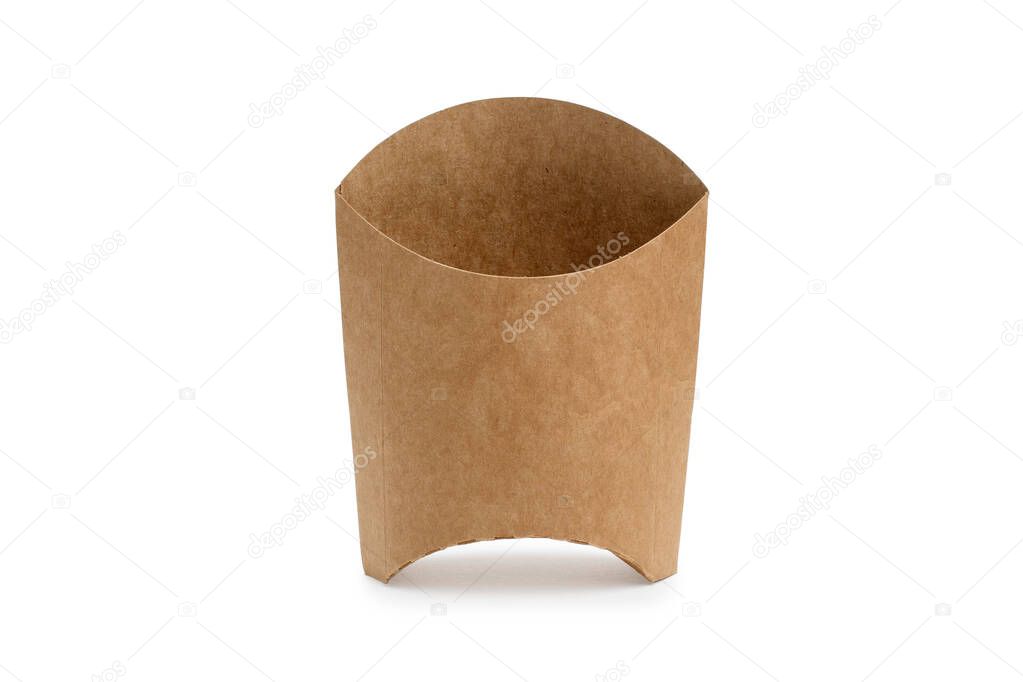 Empty box for french fries from biodegradable brown paper on a white background. Isolated object, template for advertising.