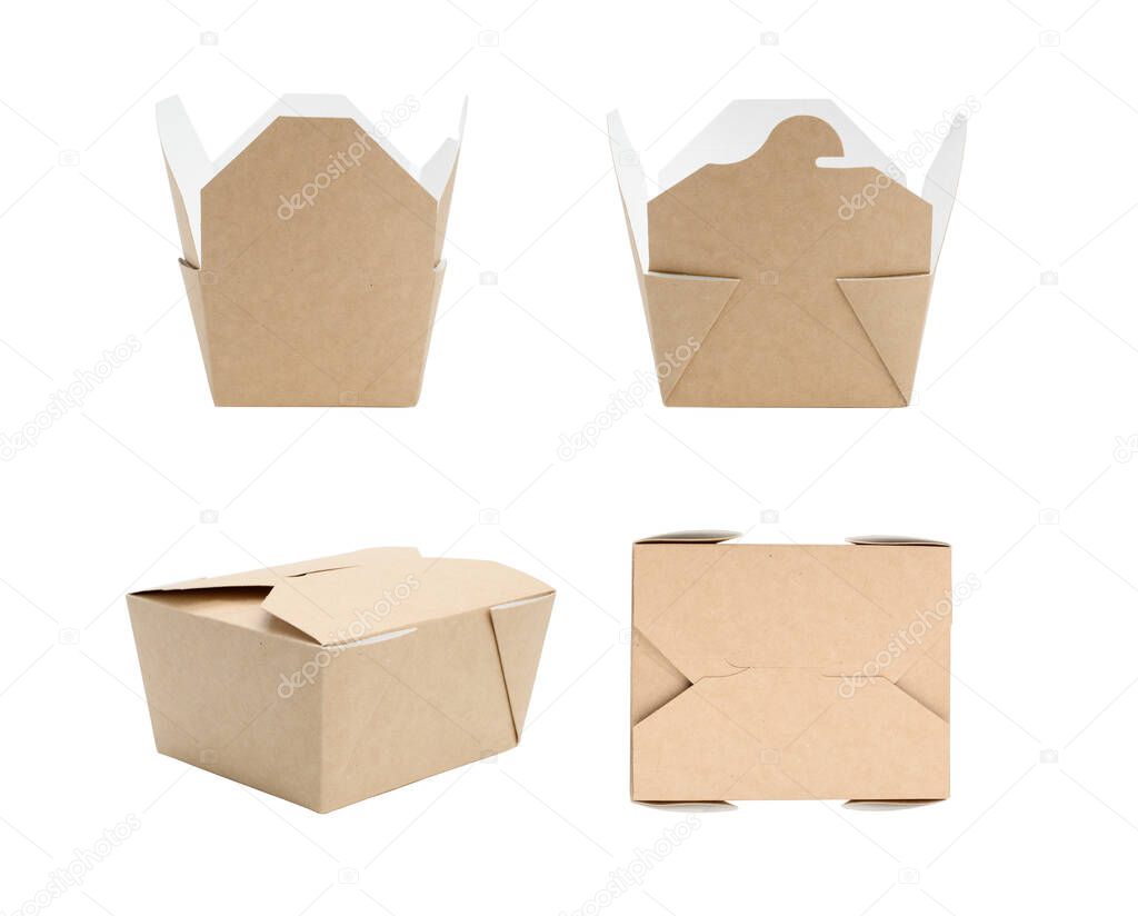 Biodegradable paper container for noodles and salad. Four angles, template, isolated object. Eco-friendly packaging design concept for fast food.