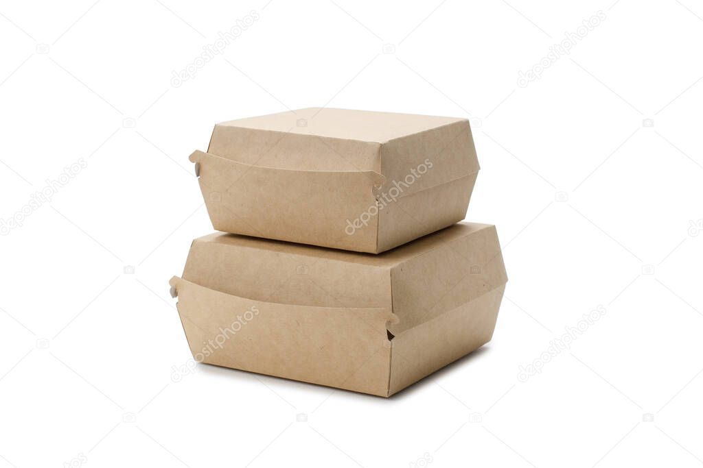 Cardboard boxes for delivery of hamburgers. Two different sizes. Isolated object on a white background.